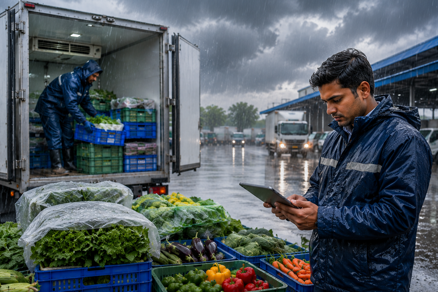 Infographic showing cold chain logistics risks during monsoon vegetables transport in India